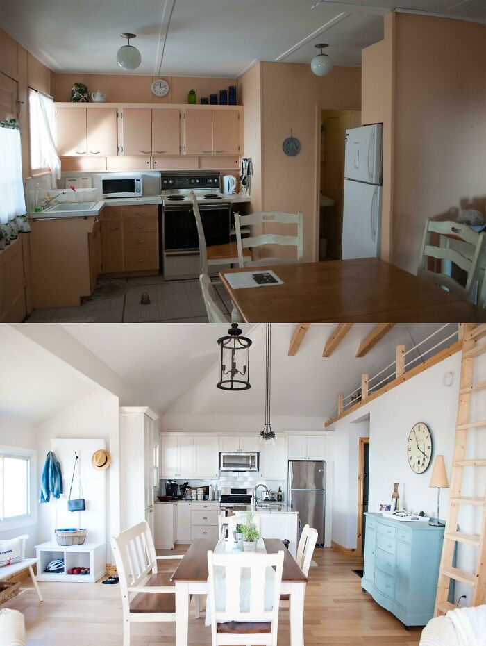 Antes y después de la casa de campo junto al lago en Ontario, Canadá
