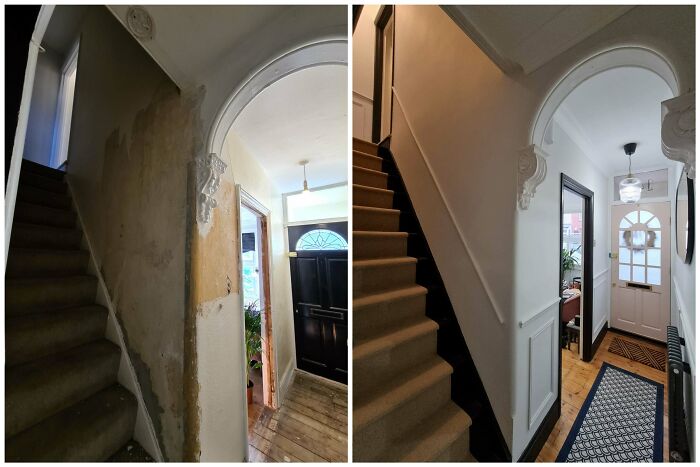 Antes y después, pasillo renovado. Casa victoriana alrededor de 1890, Reino Unido