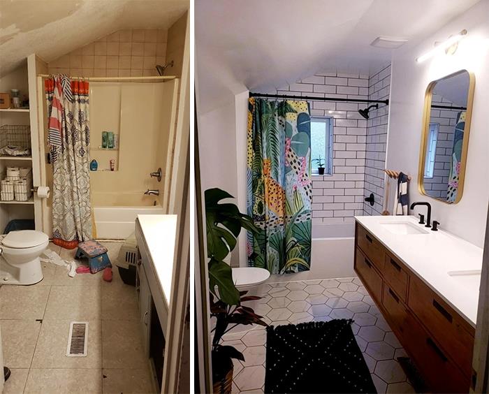Nuestro baño está completo. De arriba a abajo, se renovó el subsuelo, se añadió la ventana, se cambió la tubería desde el suelo a la pared