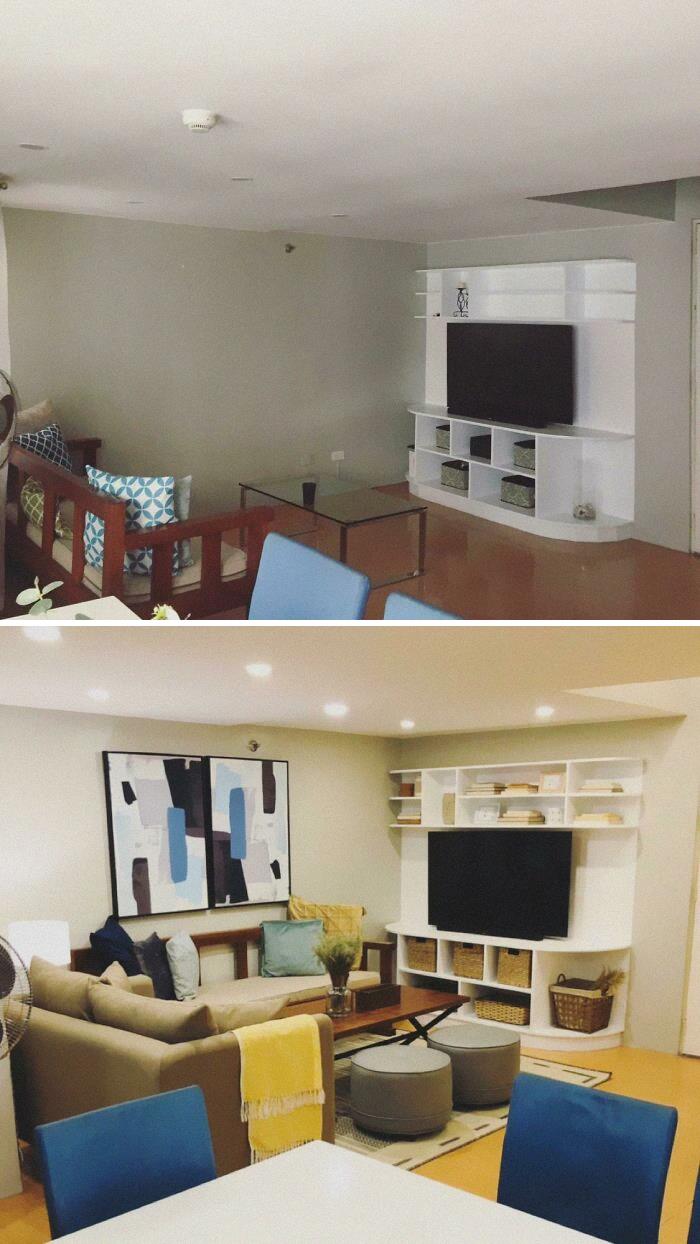 Salón antes y después. Tuve que trabajar con la mesa de comedor y las sillas existentes, y el mueble del televisor. ¡Ahora se siente más como en casa!
