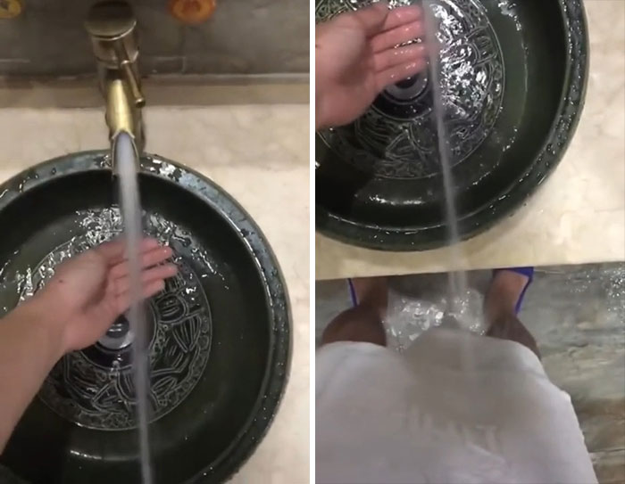 El agua va más allá del desagüe del lavamanos, así que puedo lavarme los pies
