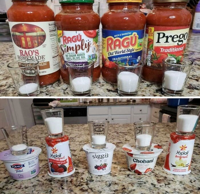 La cantidad de azúcar en la salsa de pasta y en los yogures