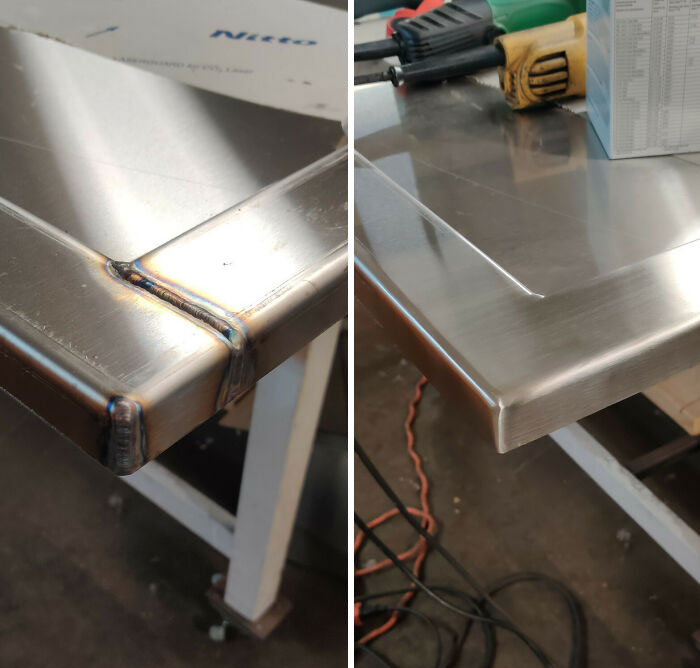 Antes y después de la limpieza de soldaduras en acero inoxidable. A veces el trabajo es satisfactorio