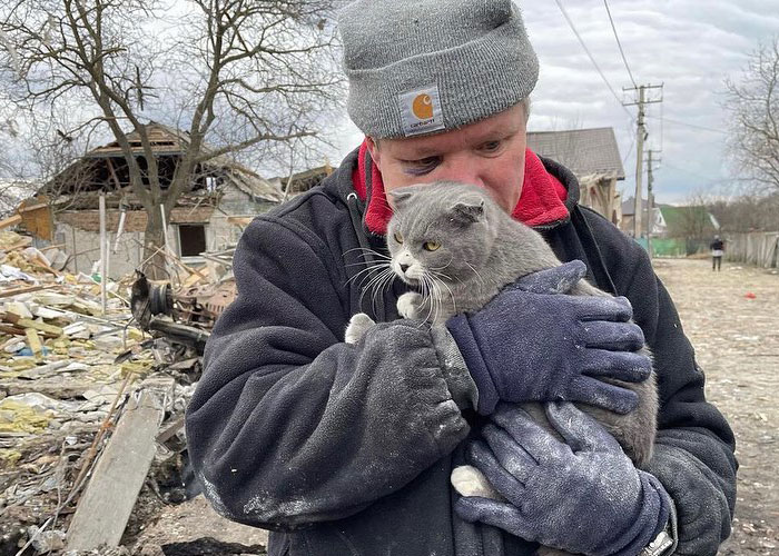 Esta mujer carga con su gato mientras lo consuela ante el sonido de las alarmas de ataque aéreo en Kyiv, Ucrania