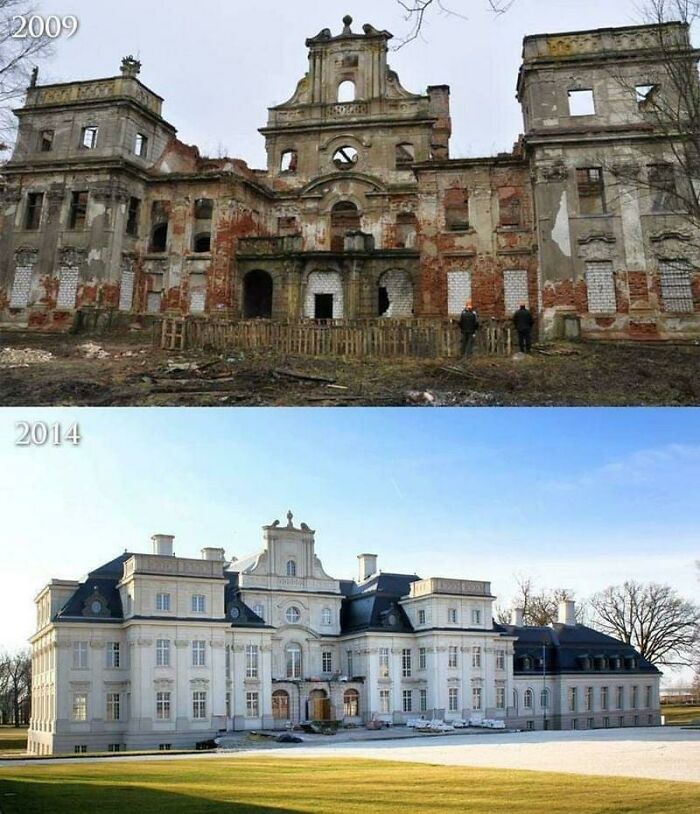 Palacio de Chróstnik 2009 vs. 2021. Chróstnik, Condado de Lubin, Polonia.