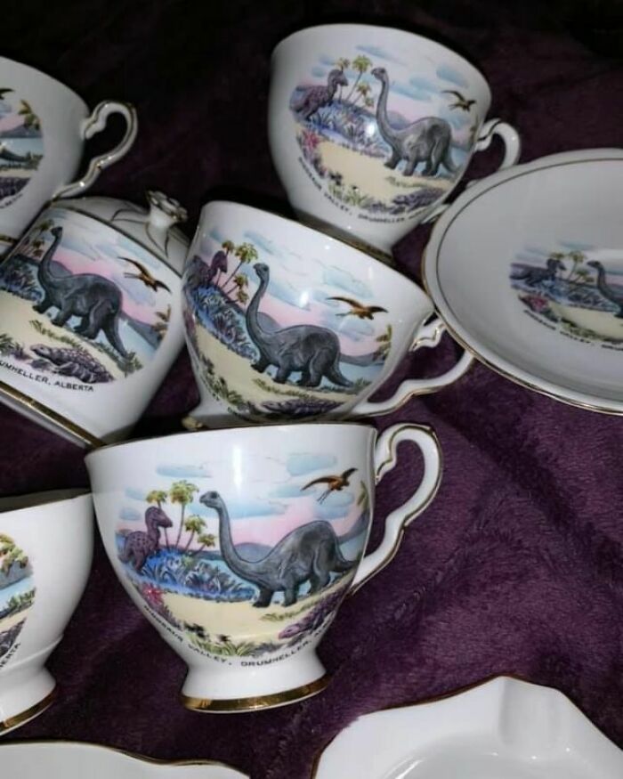 "¡El mejor juego de té de dinosaurios de 23 piezas que he visto nunca! Estoy deseando ser la abuela genial con esta porcelana china en mi gabinete"