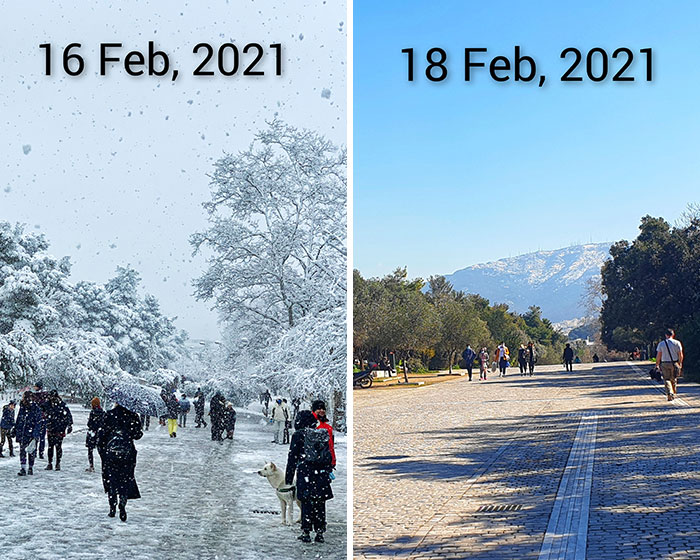 Atenas, Grecia - Con sólo dos días de diferencia, después de una gran tormenta de nieve ahora hay 21°C