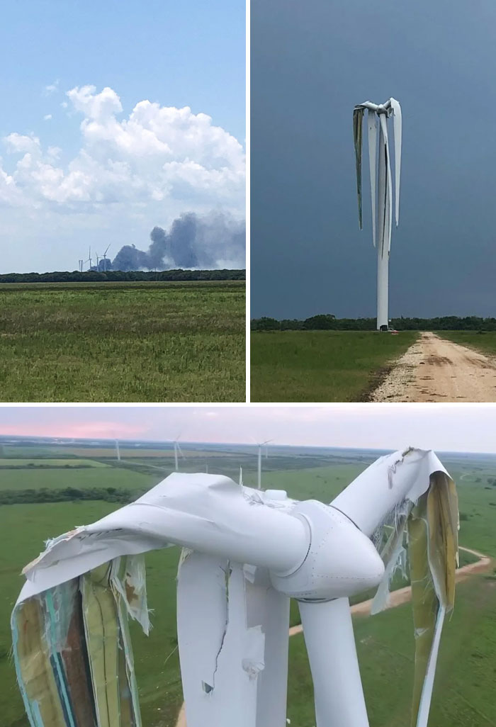 Una turbina eólica fue destruida en Texas tras ser golpeada por un tornado el 14 de junio de 2021 provocando un incendio después de que una pala se rompiera y golpeara un transformador