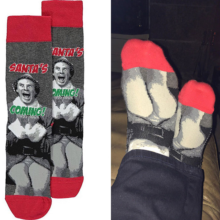 Calcetines de Elf que le regalé a mi papá para Navidad. Cuando usas pantalones, solo se ve la entrepierna de Will Ferrell