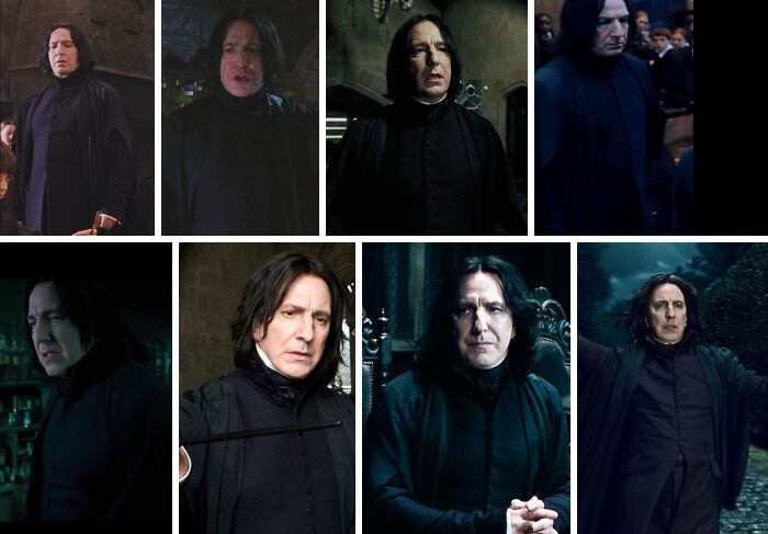 En las películas de “Harry Potter” (2001-2011), el traje de snape fue el único que no cambió. Según la diseñadora del vestuario, Jany Temine fue “Porque era perfecto. Cuando algo es perfecto, no se puede cambiar”. Ella se unió al equipo en “El prisionero de Azkaban” y cambió la mayoría de los vestuarios, excepto el de Snape