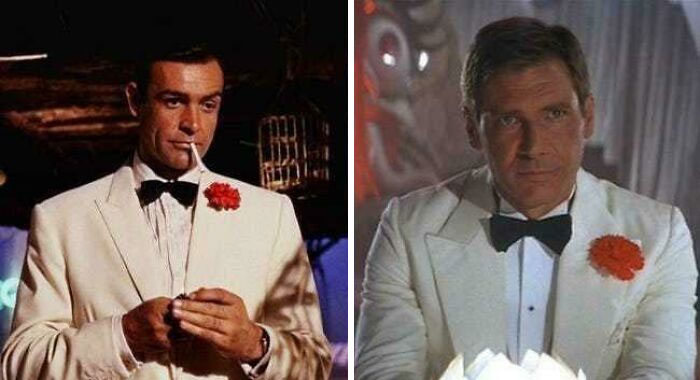 Stephen Spielberg quería dirigir una película de “James Bond”, pero los Estudios Eon le dijeron que no. Cuando le dijo esto a George Lucas decidieron crear “Indiana Jones”, y en esta escena de “Indiana Jones 2”, Indiana Jones se viste de James Bond 