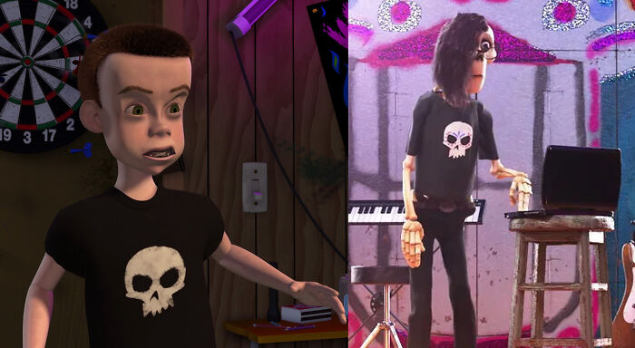 En “Coco” (2017), un esqueleto lleva puesta la camiseta de Sid de “Toy Story” (1995)