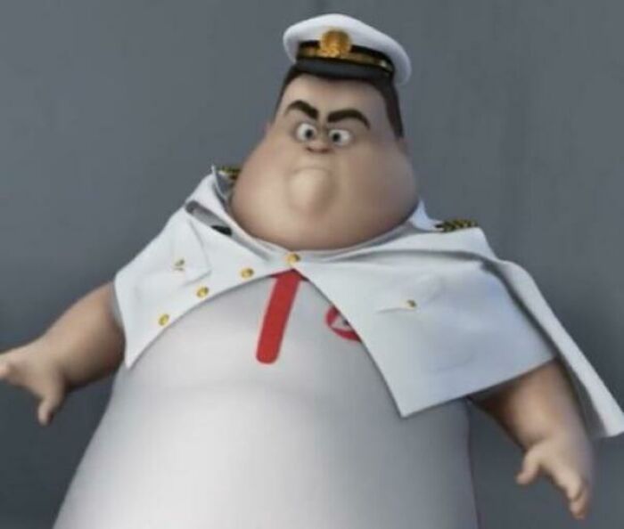 En “Wall-E” (2008), el capitán es físicamente incapaz de usar el uniforme original de capitán, así que solo lo usa alrededor del cuello y con un solo botón prendido