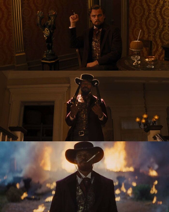 En la última escena de “Django sin cadenas” (2012), Django lleva el mismo atuendo que llevaba Calvin Candie cuando se conocieron, hasta incluso el cigarrillo largo