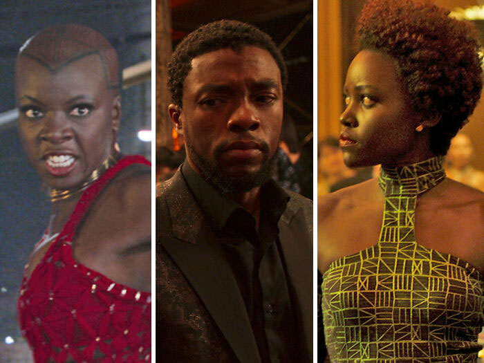 En “Pantera negra” (2018), los trajes de T'challa, Nakia y Okoye mientras viajan a Corea representan los colores de la bandera panafricana