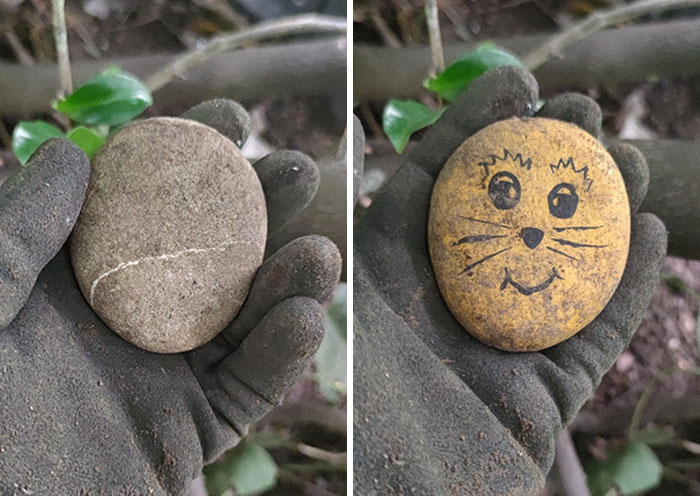 Estoy visitando a mi familia que acaba de comprar una nueva casa. Les ayudé a ordenar el jardín y encontré este guijarro en uno de los arbustos. Le di la vuelta y... jajaja