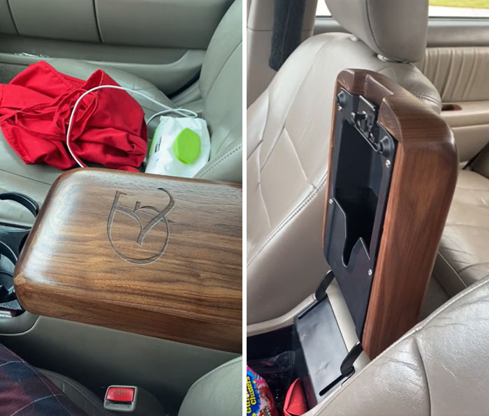 El coche de mi hermana tenía la tapa de la consola central rota, así que para Navidad tomé las medidas de la vieja tapa, guardé todos los herrajes que pude e hice una nueva de nogal