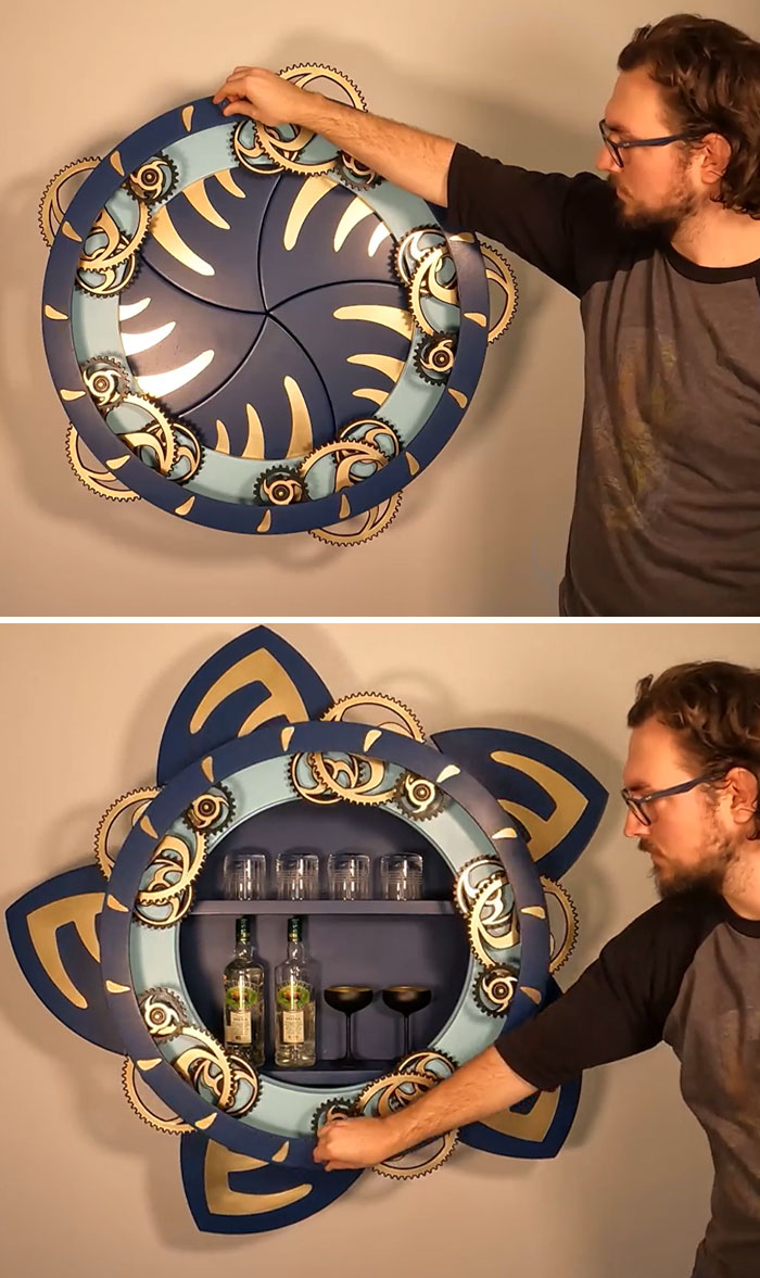 Construí este gabinete mecánico en forma de iris usando madera, latón e impresiones 3D. Hay más de 100 piezas, 30 rodamientos y 16 ejes de rotación en este diseño