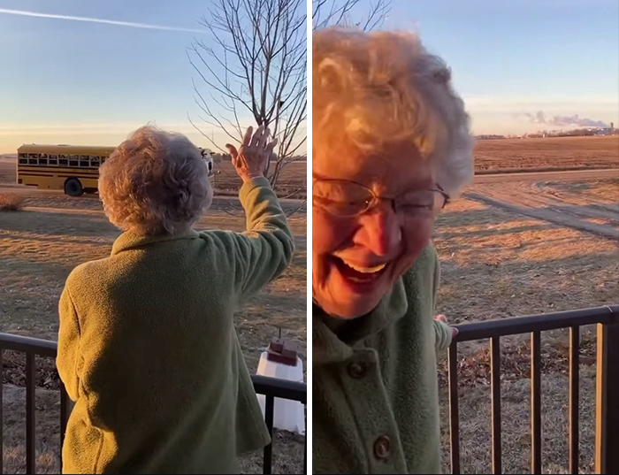 Esta mujer se levanta todos los días para saludar al autobús escolar que pasa por las mañanas, y este día era su cumpleaños (le desearon un feliz cumpleaños)