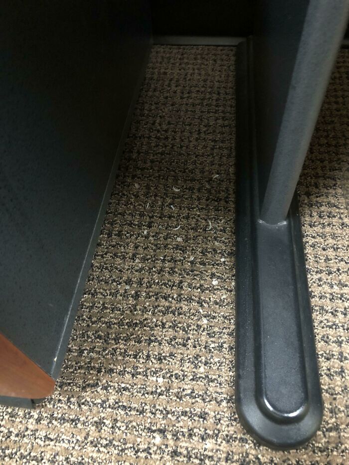 El lado del escritorio de mi compañero donde deja sus uñas y su piel muerta