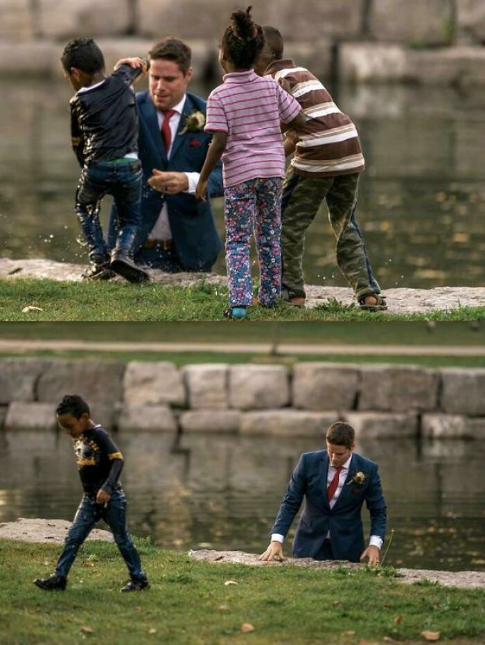 Durante la sesión de fotos para la boda, el novio salvó a un niño que se estaba ahogando
