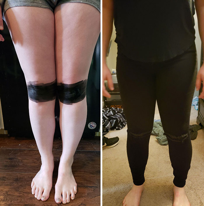 El trabajo de mi hija solo permite pantalones negros y sin roturas. Su par normal estaba todavía en la lavadora así que hizo trampa. ¿Funcionará?