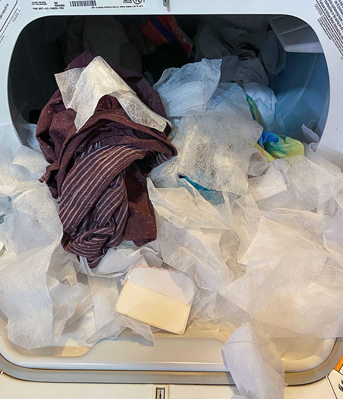Mi esposa metió una pila de ropa en la secadora. Junto con una caja nueva de 500 toallitas para la secadora