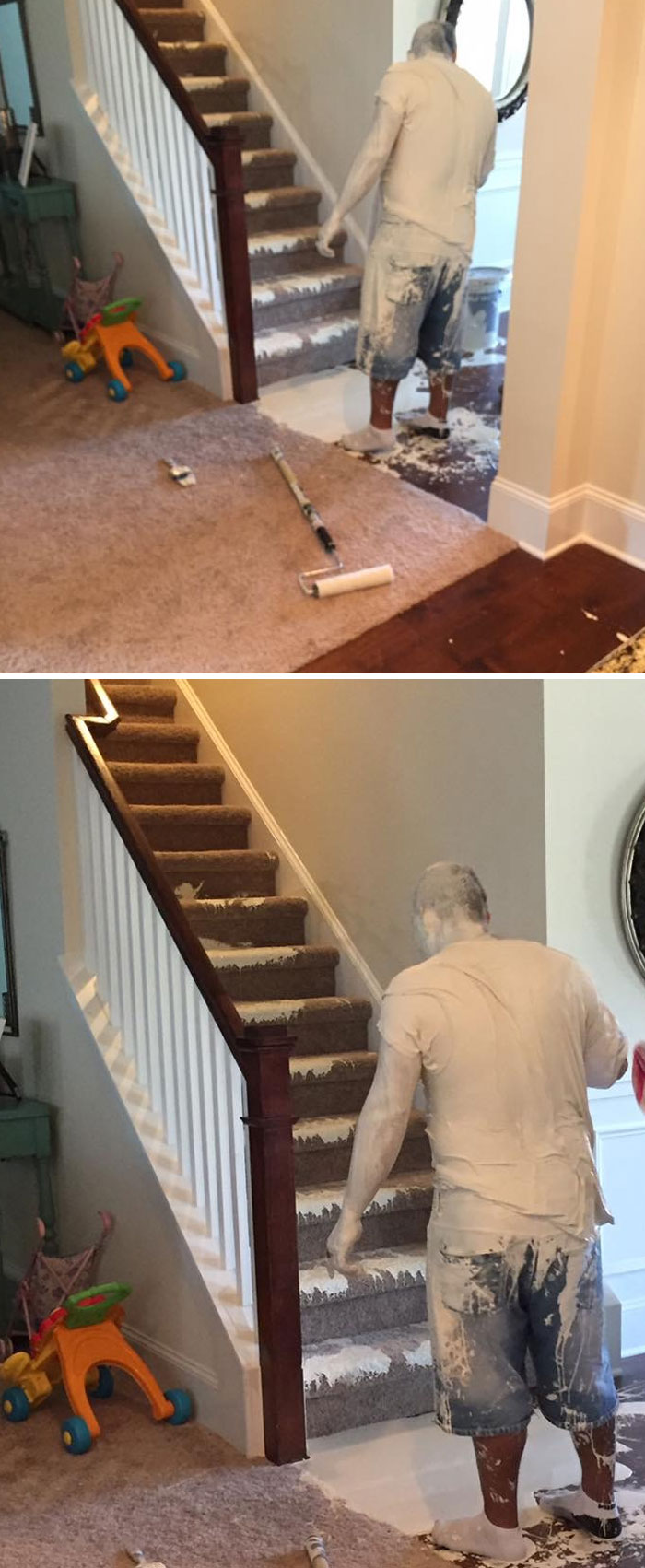Nos acabamos de mudar a una casa nueva, los pintores vinieron a retocar algunas paredes del piso de arriba. Este pobre tipo se cayó por toda la escalera con un cubo de 20 litros de pintura