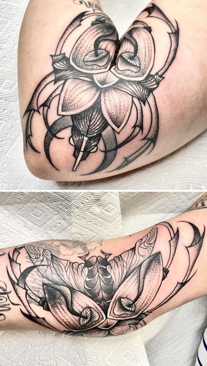 Un escarabajo super divertido que se abre sobre el brazo. Tiene unos honguitos en el caparazón