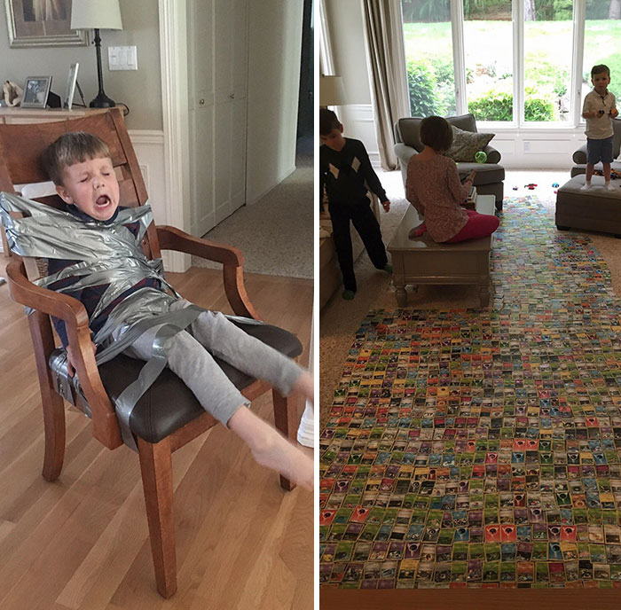 Mis dos hijos mayores estaban tratando de poner todas sus cartas de Pokémon, pero el más pequeño no dejaba de entrometerse, así que lo pegaron a una silla con cinta adhesiva