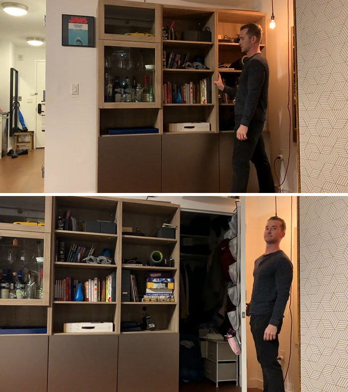 Hice una biblioteca deslizable con 3 estanterías Besta de IKEA, 6 ruedas y una placa grande