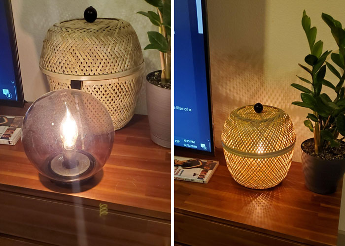 Es un poco tonto, pero estoy orgulloso de mi ingenio. La lámpara de IKEA (Fado) iluminaba mucho más de lo que pensaba y me hacía mal a los ojos, así que le hice un agujero a la parte trasera de la cesta de IKEA que compré por $5 y puse la lámpara dentro. ¡Quedó genial! 