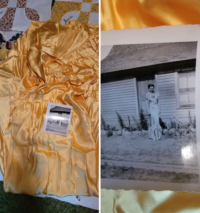 Hoy encontré el vestido de gala de mi abuela en su baúl de las esperanzas. Con él había una foto de ella llevándolo puesto