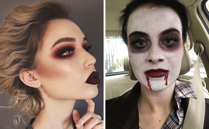 Maquillaje “profesional” de Halloween, de 60 dólares. Pedí que me hagan lo que está a la izquierda, con un poco de sangre falsa. A la derecha está lo que hizo el maquillador
