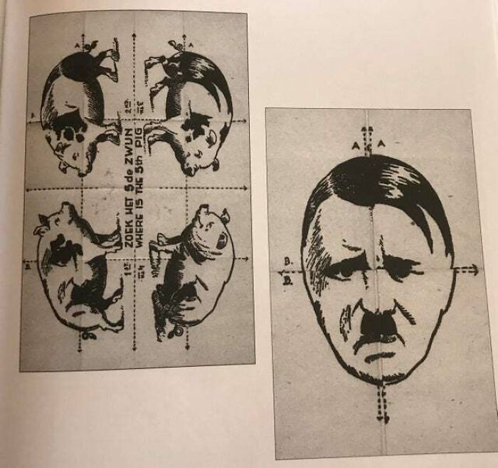 "¿Dónde está el quinto cerdo?" - Cartel antihitleriano de la Segunda Guerra Mundial creado en los Países Bajos ocupados. Cuando se dobla correctamente, crea la cara de Hitler - El Quinto Cerdo