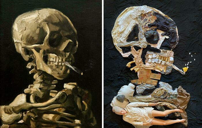 Mi perro y yo recreamos el cuadro de la calavera fumadora de Van Gogh con telas, ropa, etc. Pintura original a la izquierda, nuestra recreación a la derecha