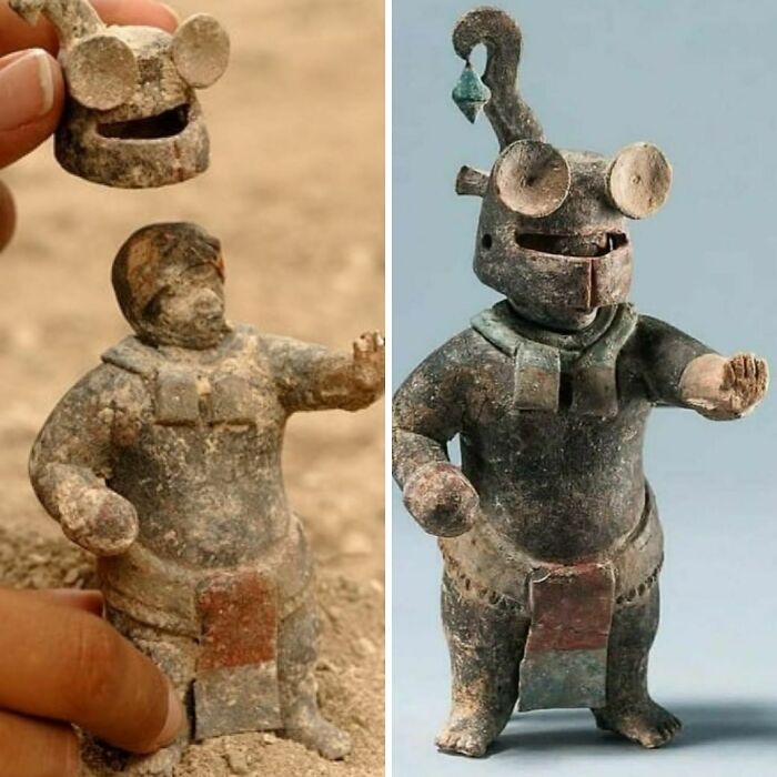 Figurilla maya de 1.500 años de antigüedad con casco desmontable, procedente de El Perú-Waka, Petén, Guatemala