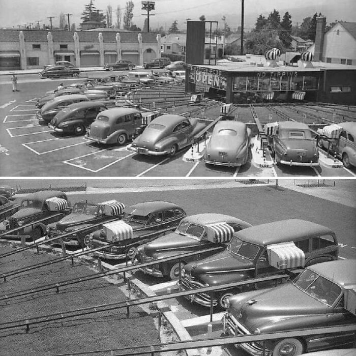 El autoservicio Motormat, inventado por Kenneth C.purdy, donde la bandeja de comida se enviaba sobre raíles (1948) Los Ángeles
