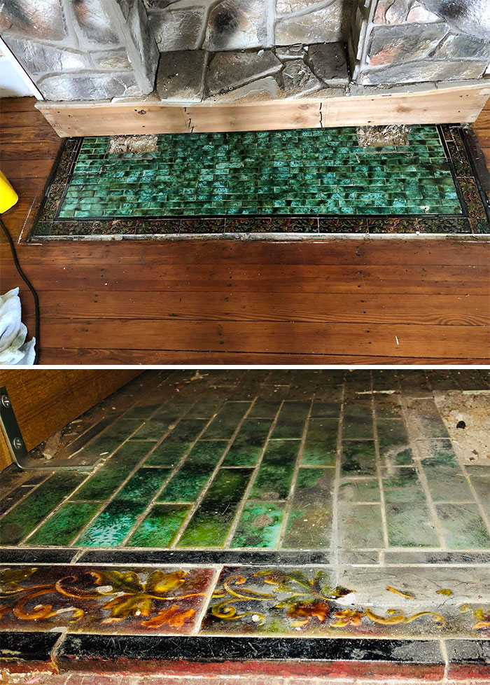 Estaba restaurando mi casa victoriana de 1880 y encontré este vibrante azulejo original luego de quitar la chimenea falsa que tenía encima