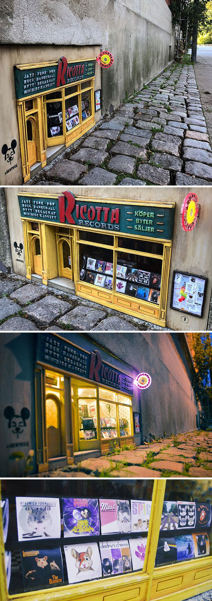 ¿Qué es esto? ¿Una tienda de discos musicales para ratones? Pues, sí, lo es. Alguien la construyó ayer en Lund, Suecia