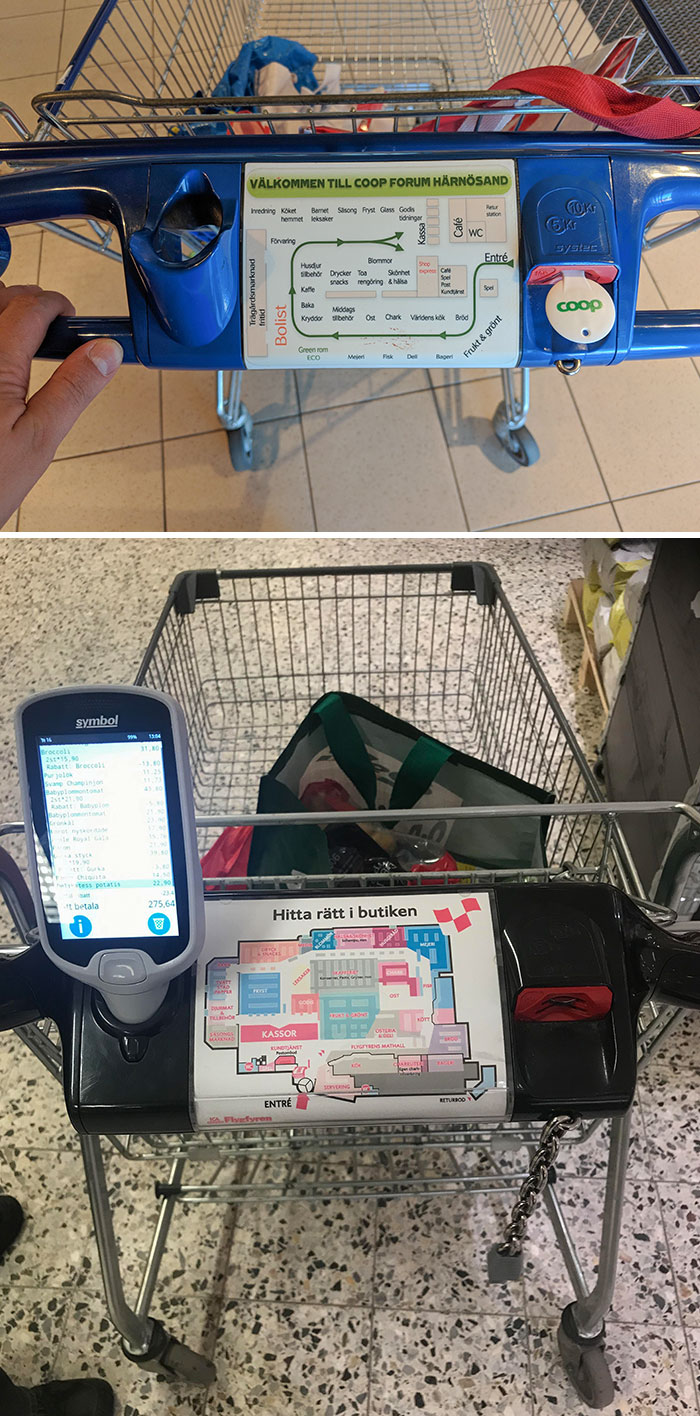 Los carritos de las compras tienen un mapa del supermercado