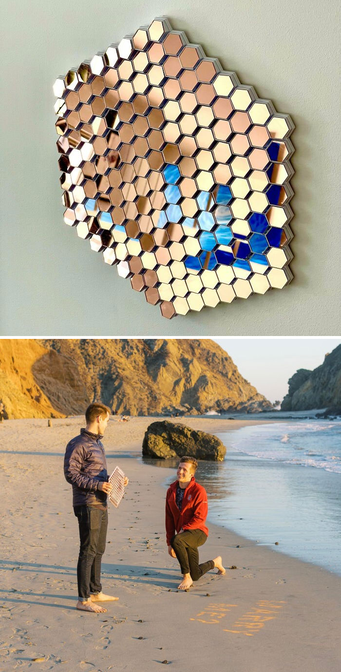 Diseñé un conjunto de espejos impresos en 3D para pedir matrimonio. Los espejos están inclinados para que, justo antes de la puesta de sol, reflejen la luz del sol y digan "Cásate conmigo"