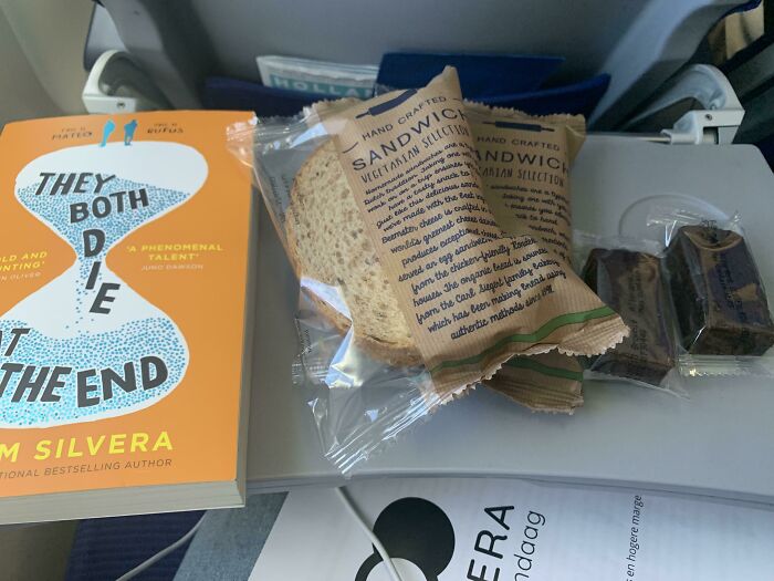 Hoy tomé un vuelo de 2 horas y media, así que solo nos dieron un sándwich de ensalada de huevo y, más tarde, un brownie. El sándwich realmente me gustó así que le pedí otro a la azafata. Ella no solo me dio 2 sándwiches, sino también ¡2 brownies! ¡Espero que todos tengan un buen día!