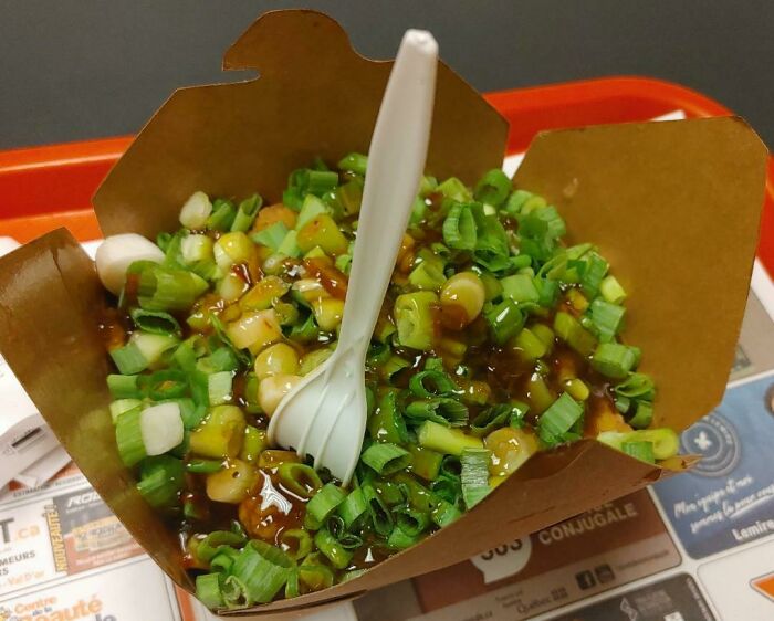 Pedí que reemplazaran las semillas de sésamo de mi poutine tao con cebollines extra… ¡No me defraudaron!