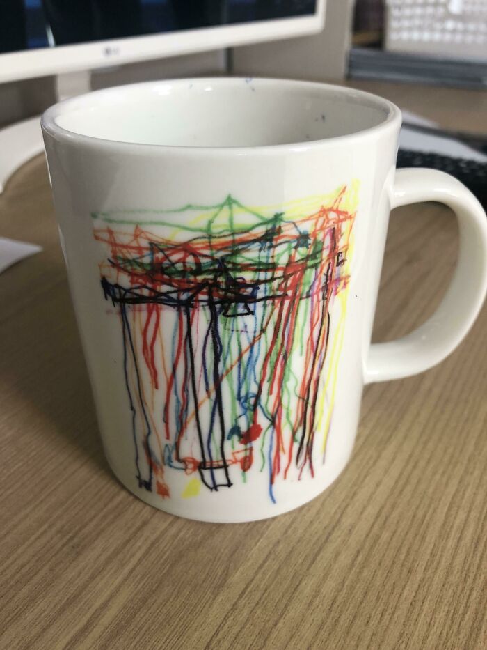 Hola a todos. Esta es una taza que hizo mi hijo. Lo diagnosticaron con el trastorno del espectro autista, y vivimos en una zona donde hay muchas obras en construcción. Creo que son muchas grúas de varios colores