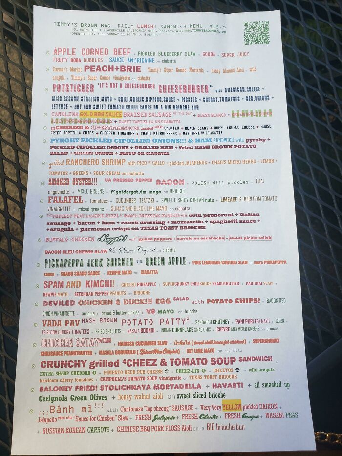 Este menú de locura en una tienda de sándwiches de locura