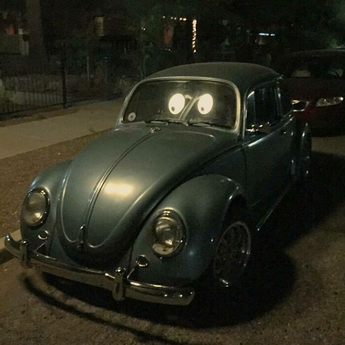 El reflejo de las farolas hace que este escarabajo parezca tener ojos de dibujo animado