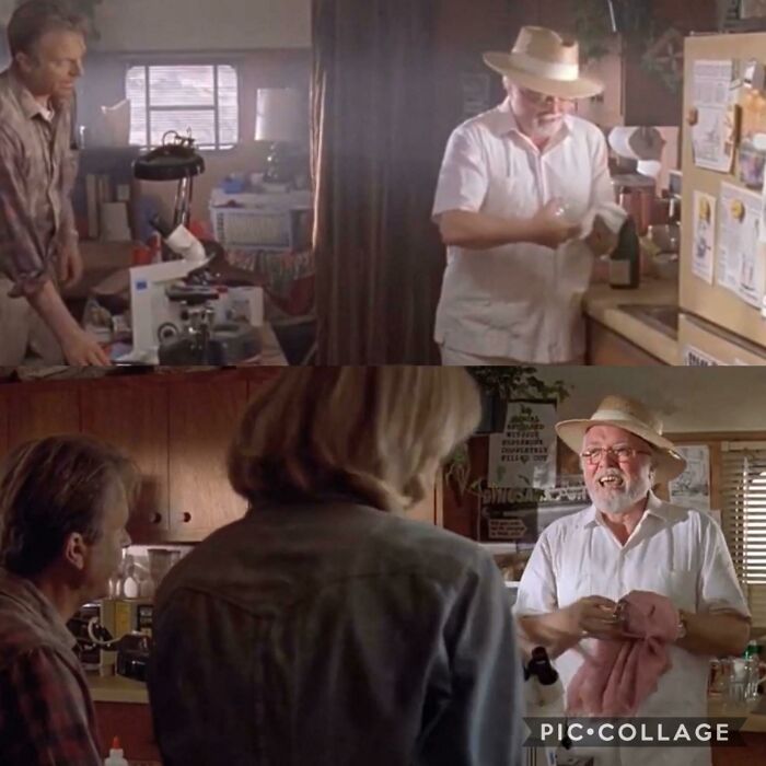 Parque Jurásico, cuando John Hammond está limpiando una copa antes de servir el champán, la toalla que está usando para secar la copa cambia mágicamente de blanco a rosa en la siguiente toma