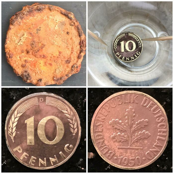 Encontré una moneda oxidada. Después de la limpieza resultó ser 10 Pfennig. Limpiada con papel de lija, vinagre, palillos y cepillo