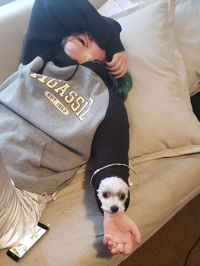 Entonces, Cassidy, mi hija, estaba acurrucando a Elsa, nuestra cachorra rescatada, bajo su capucha. Entré en la habitación y pregunté "¿Dónde está Elsa?" Bueno, Elsa trató de llegar a mí